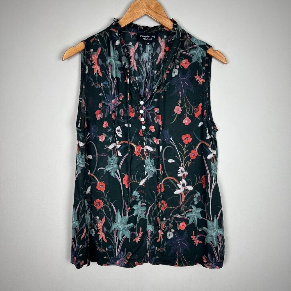 Feathers By‎ Tolani Top Womens Medium Black Floral Sheer Sleeveless Button Tie M